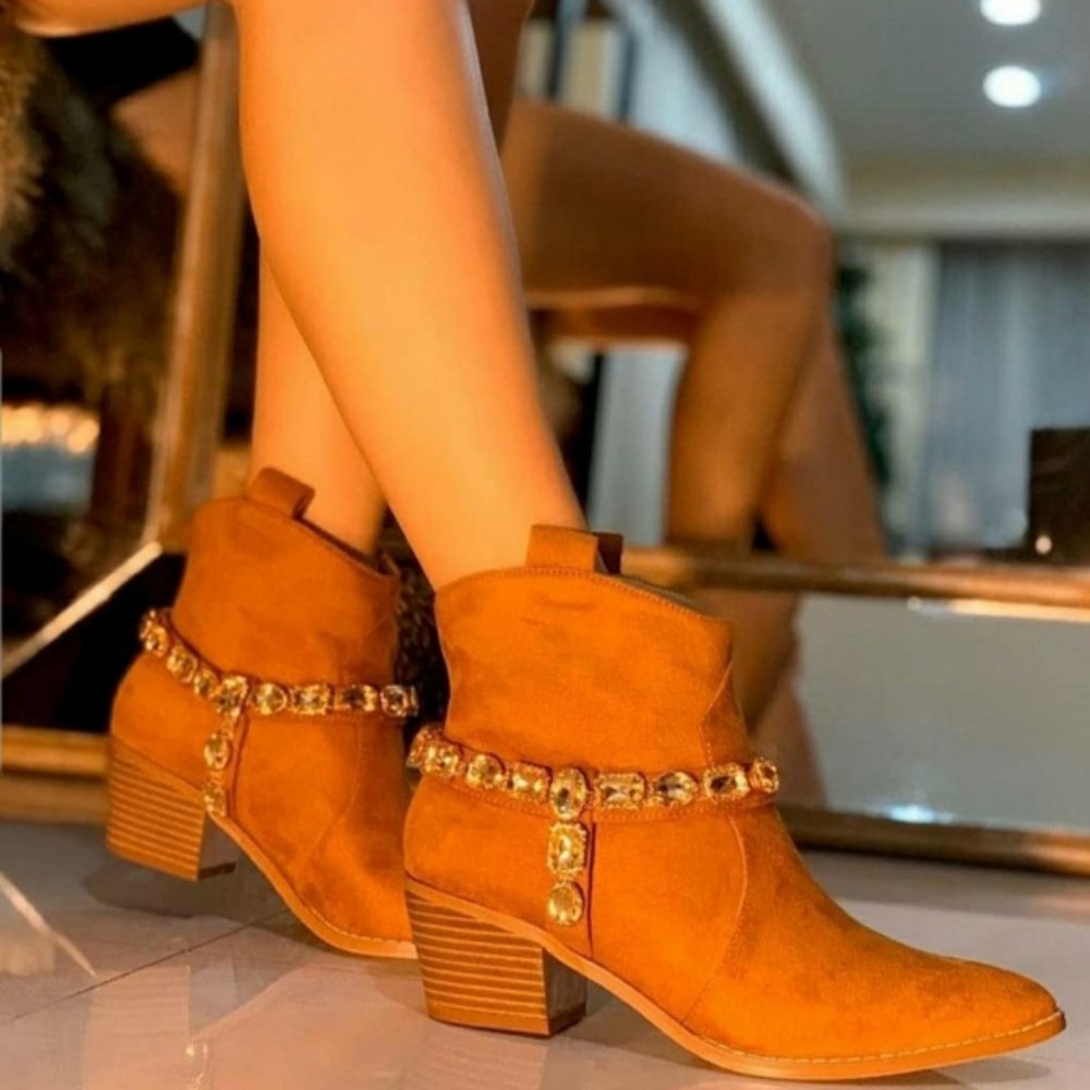 Liliana Tan Ankle Boots with Gold Accents